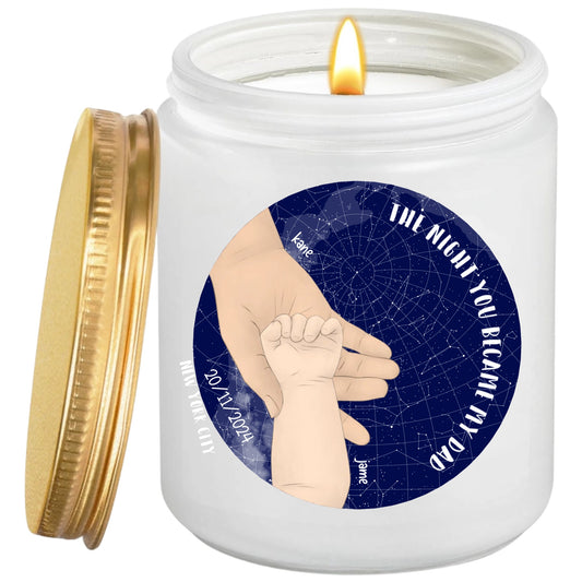 Custom Scented Candle. ThoughtyGiftn personalized scented candle designed in the shape of a star map. Smokeless pure bean wax scented candle, size 8 Oz - burns for approximately 30 hours - thoughtygift.com
