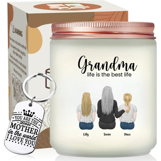 Custom Grandma And Kids Illustration Candle, Unique Gift For Grandma, Personalized Scented Candle With Keychain