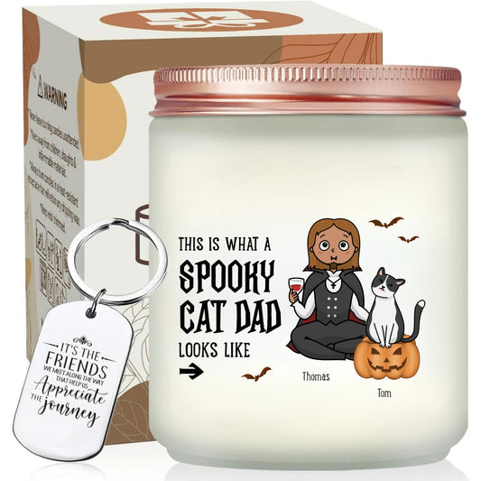 Personalized Spooky Cat Dad Candle With Keychain, Halloween Gift for Cat Lovers
