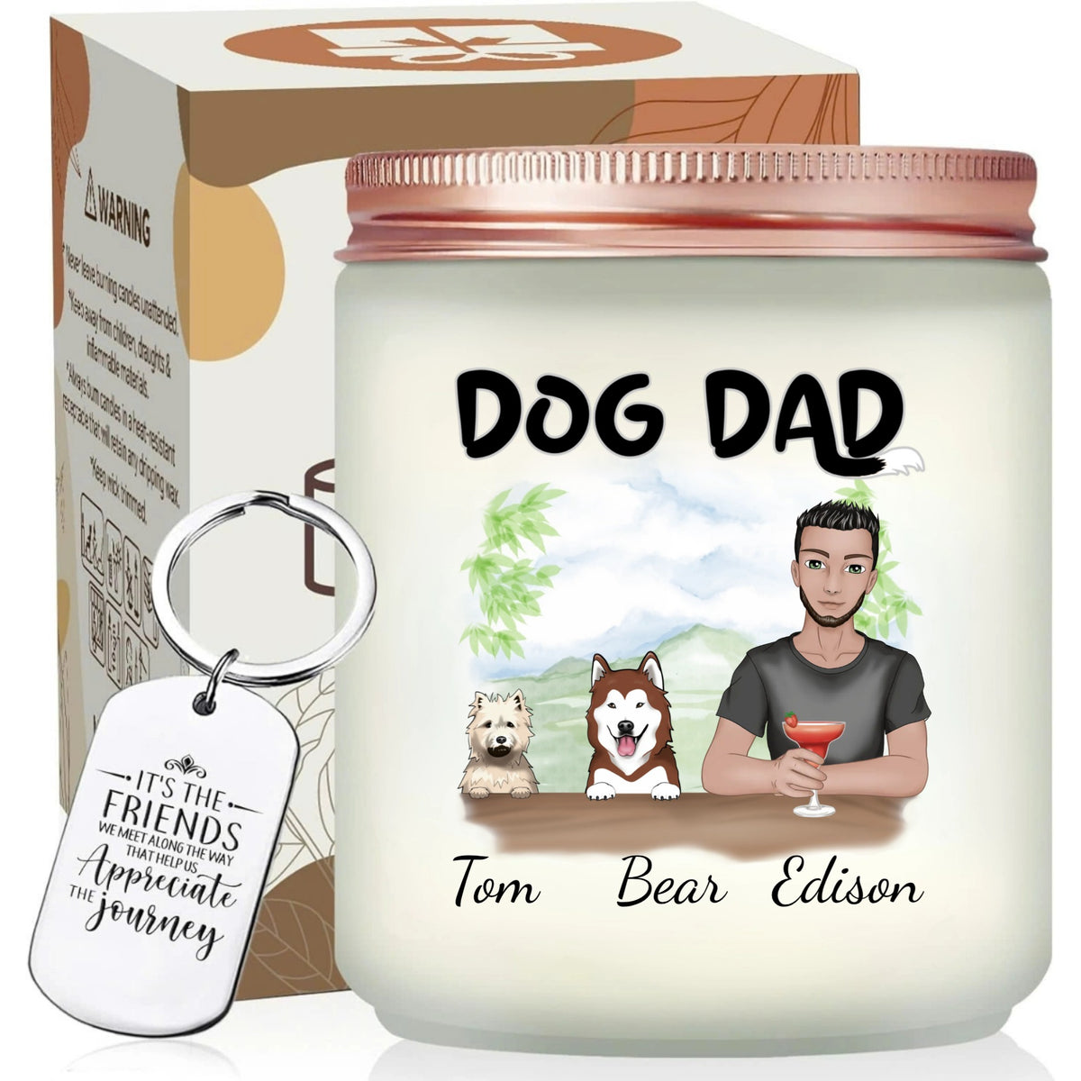 Personalized Dog Dad Scented Candle With Keychain, Custom Gift for Dog Lovers, Dog And Owner Illustrations Gift