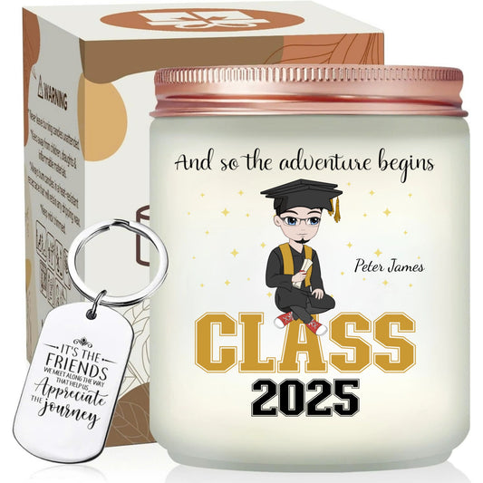 "And The Adventure Begin", Personalized Candle With Keychain, Gift For Graduation Day