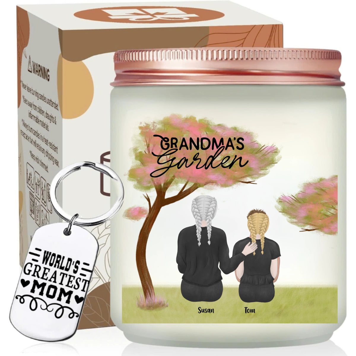 Grandma Garden Illustration Candle With Keychain, Custom Grandma Gift, Best Present For Grandma