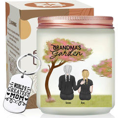 Grandma Garden Illustration Candle With Keychain, Custom Grandma Gift, Best Present For Grandma