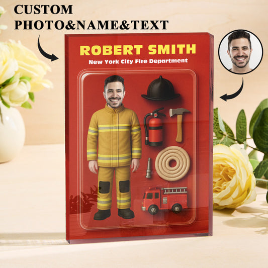 Personalized 3D Effect Firefighter Action Figure Acrylic Block - Custom Gift Plaque