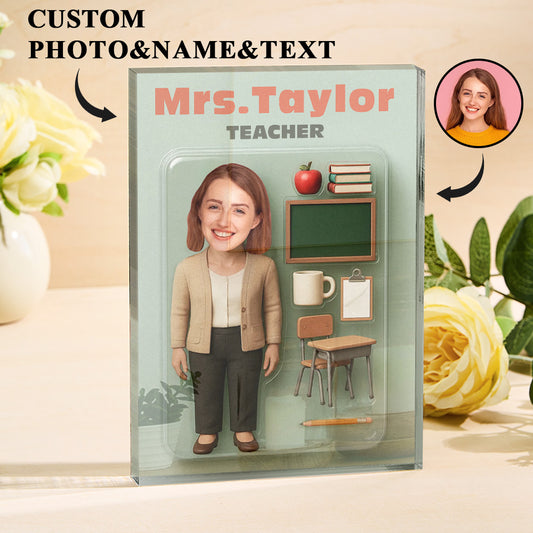 Personalized 3D Effect Teacher Action Figure Customizable Head Packaging Custom Acrylic Block Plaque Gift For Teacher