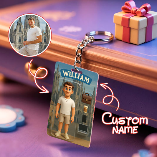 Customizable 2D Acrylic Action Figure Keychain Gift - Personalized Toy Box Style Art Gift for Him
