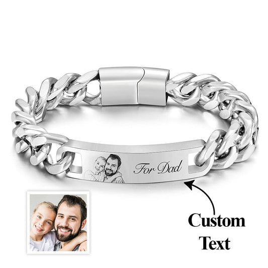 Father's Day Gifts Custom Engraved Men's Bracelet Stainless Steel Photo Vintage Bracelet Jewelry-Silver