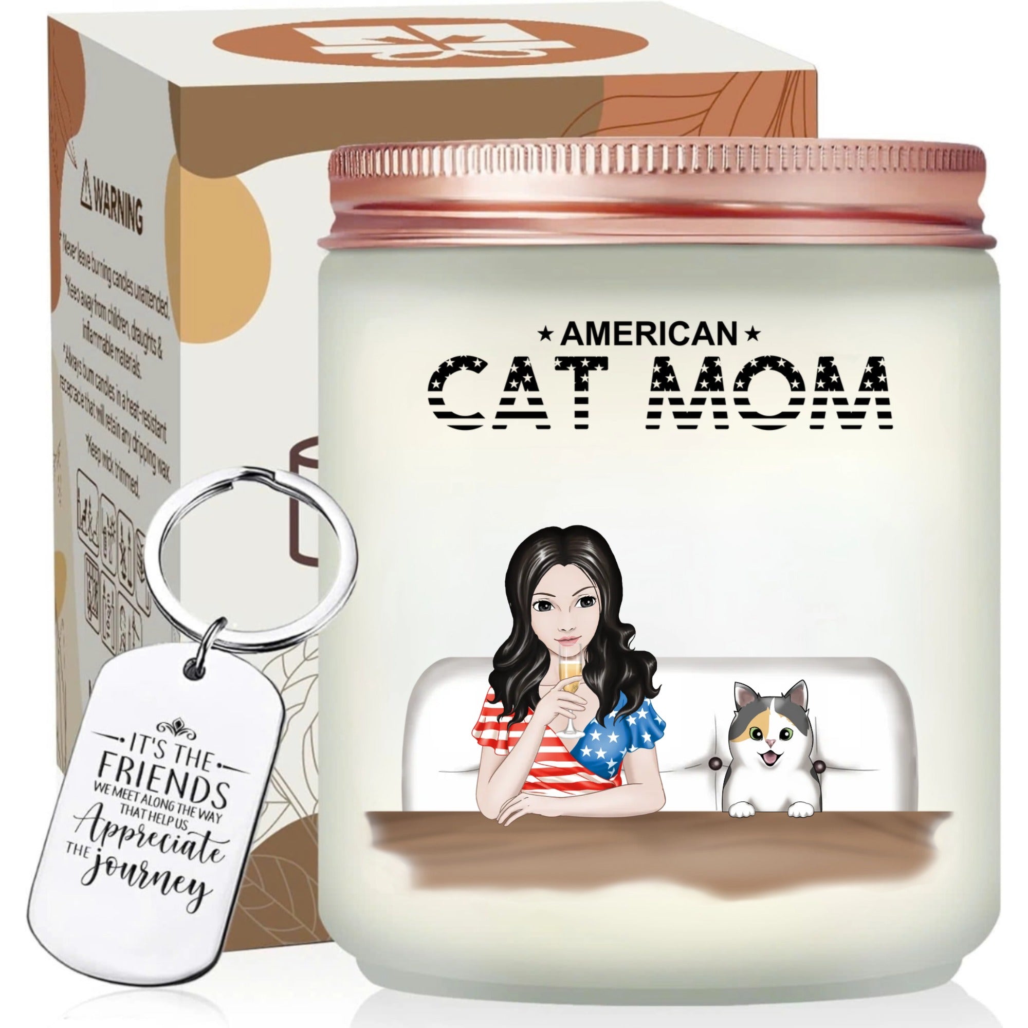 Funny American Cat Mom Scented Candle With Personalized Keychain, Unique Independence Day Celebration Gifts - thoughtygift.com