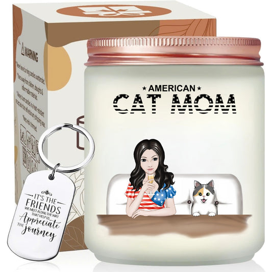 Funny American Cat Mom Scented Candle With Personalized Keychain, Unique Independence Day Celebration Gifts - thoughtygift.com