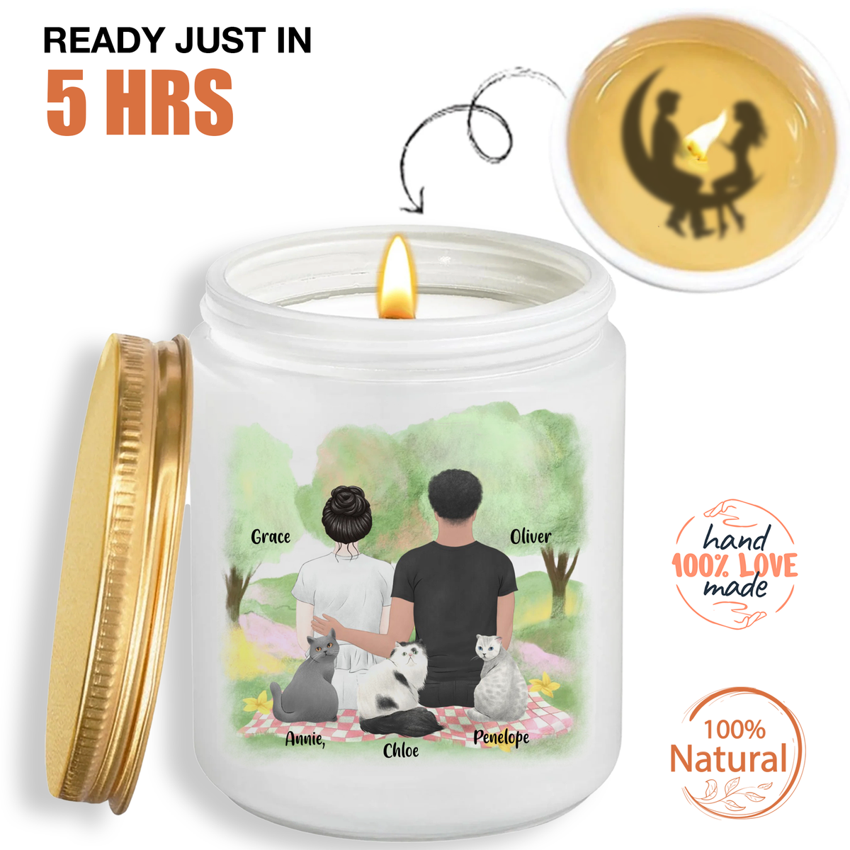 Personalized Couple & Cats Candle A Love Story in the Park, Hidden Image Scented Candle, Best Gift For Cat Lovers, Couple, Meaningful Gift For Him/Her on Valentine's Day, Anniversary - thoughtygift.com