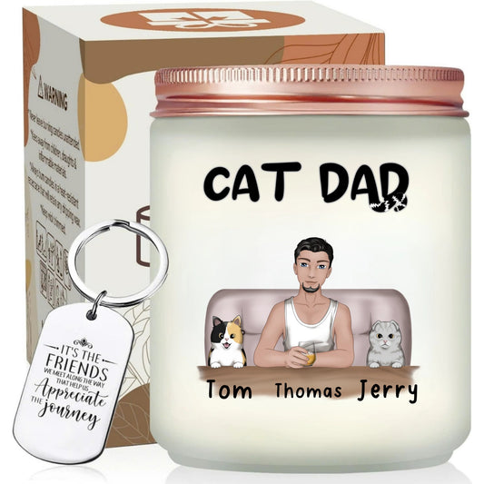 Cute Cat Dad Gift, Personalized Cat Illustrations Scented Candle With Keychain, Happy Father's Day Present, Gift For Pet Lovers