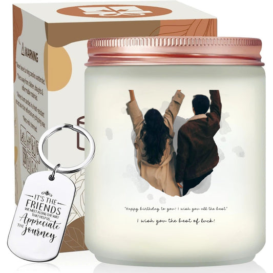 Custom Couple Photo Scented Candle, Personalized Photo And Message Candle With Keychain, Unique Anniversary Gift For Couple - thoughtygift.com