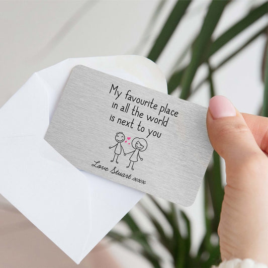 Personalised My Favourite Place Next To You Metal Wallet Card | Anniversary Gift for Him, Her | Girlfriend Birthday | Christmas, Valentines