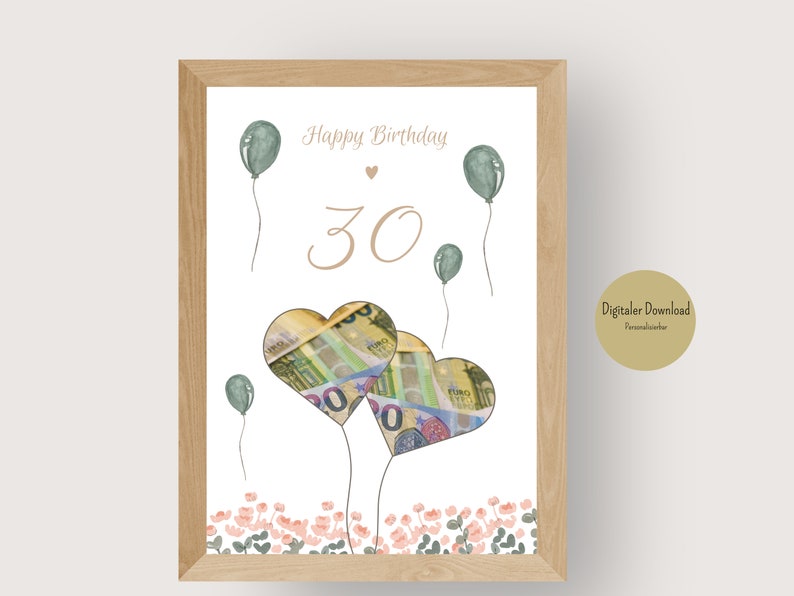 Money gift birthday 30 Personalized to print yourself DIY gift idea Digital download Personalizable Last minute gift